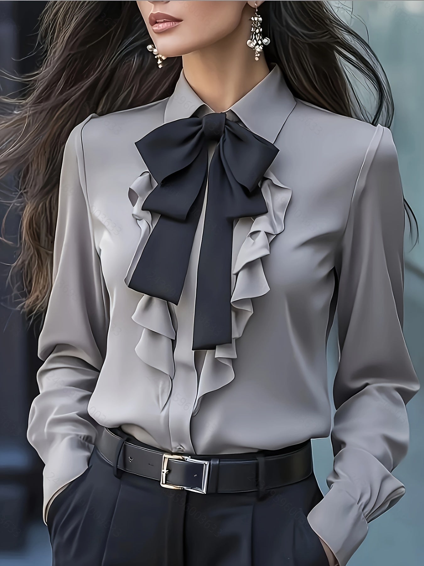 Dwyna - Blusa De Manga Larga Con Botones y Lazo Con Volantes