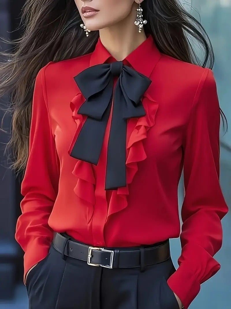 Dwyna - Blusa De Manga Larga Con Botones y Lazo Con Volantes