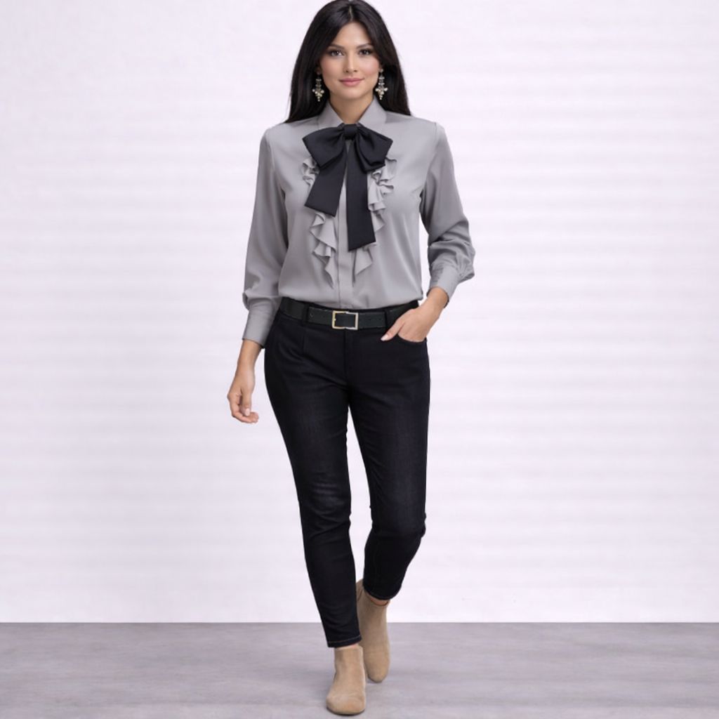 Dwyna - Blusa De Manga Larga Con Botones y Lazo Con Volantes