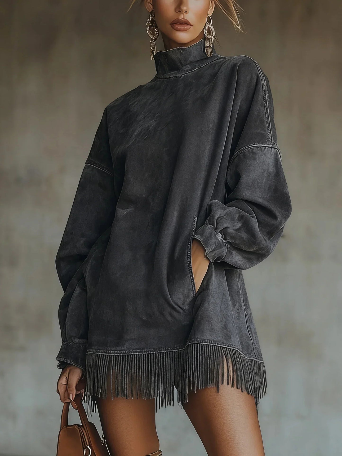 Asela - Vestido De Ante Con Cuello Alto
